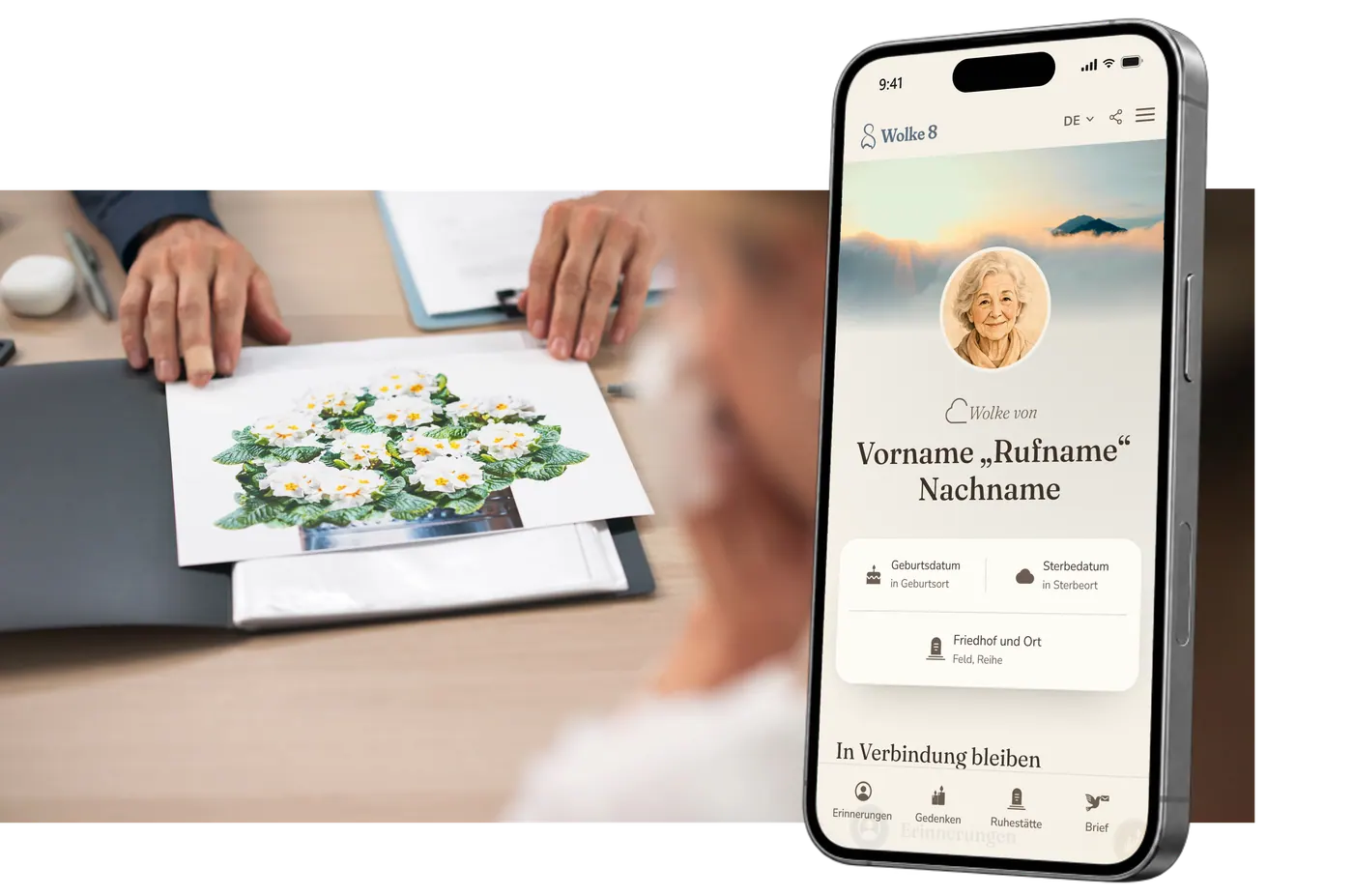 Beratungsgespräch beim Bestatter, im Hintergrund ein Gedenkprofil auf dem Smartphone