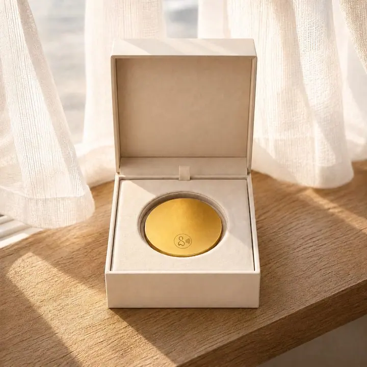Goldfarbenes NFC-Medaillon in einer Schmuckschachtel